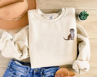 Sudadera con bordado de nutria, suéter de nutria, regalo para entusiastas de la vida silvestre, regalos para amantes de las nutrias para mamá, regalo para amantes de los animales, cuello redondo unisex