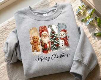 Merry Christmas Santa Claus Sweatshirt, Vintage Snowman Christmas Sweater, Cute Santa Crewneck Jumper, Festive Christmas Tree, Xmas Gifts