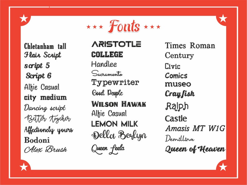Pode incluir: Um gr&aacute;fico vermelho e branco com a palavra "Fonts" em uma fonte grande e em negrito. O gr&aacute;fico lista uma variedade de fontes diferentes em texto preto, incluindo "Aristotle", "College", "Times Roman", "Century", "Civic", "Comics", "Museo", "Crayfish", "Ralph", "Castle", "Amasis MT WIG", "Demillina" e "Queen of Heaven".