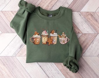 Retro Christmas Coffee Sweatshirt, Gingerbread Women Christmas Jumper, Xmas Ice Coffee Crewneck Printed Sweater, Coffee Lover Christmas Gift