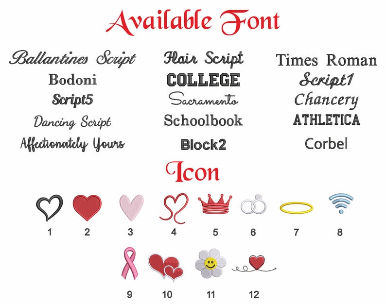 May include: Image displaying font styles and icons. The text "Available Font" is in red script. Font examples include "Ballantines Script" and "Times Roman." Icons include hearts, crowns, rings, and a WiFi symbol.