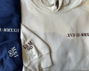 Roman Numeral Anniversary Hoodies, Embroidered Custom Date Matching Couple Hoody, Initial Heart Mr and Mrs Engagement Outfits, GF BF Jumper