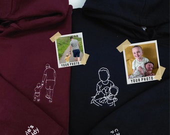 Custom Dad Photo Hoodie, Outline Embroidered Sketch From Picture Jumper, Personalised Family Matching Portrait Hoody, Dad Father&#39;s Day Gift