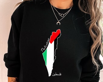 Palestine Map Sweatshirt, Palestine Arabic Name Printed Crewneck Sweater, Islamic Adults Trendy Palestine Clothings, Free Shipping in UK