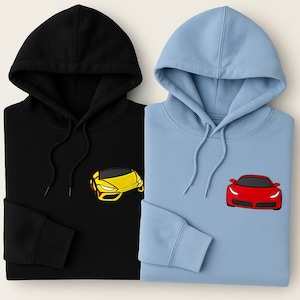 Custom Cars Embroidered Hoodie, Personalized Car Sketch Hoodie, First Car Drawing Jumpers, Car Lover Gift for Him & Her, Car Guy Gifts