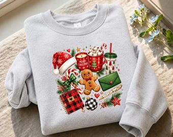 Christmas Doodles Sweatshirt, Merry Christmas Collage Sweater, Preppy Gingerbread Cocoa Jumper, Xmas Holiday Tops, Coquette Christmas Gifts