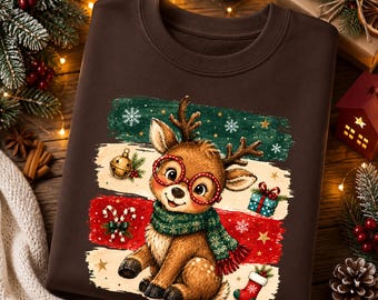 Reindeer Christmas Sweatshirt, Heart Glasses Reindeer Sweater, Vintage Deer Xmas Holiday Jumper, Stripped Christmas Sweater, Festive Outfits