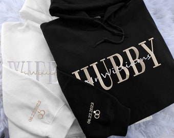 Personalised Wifey Hubby Hoodies, Embroidered Name Anniversary Hoody, Custom Wedding Date Couple Matching Jumpers, Mr and Mrs Memorial Gifts