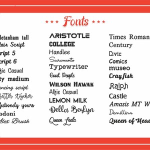 Peut inclure: Un graphique rouge et blanc avec le mot "Fonts" en grande police gras. Le graphique liste diff&eacute;rents noms de polices en texte noir, dont "Aristotle", "College", "Times Roman", "Century", "Civic", "Comics", "Museo", "Crayfish", "Ralph", "Castle", "Amasis MT WIG", "Demillina", et "Queen of Heaven".