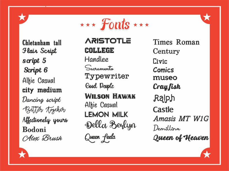 Peut inclure: Un graphique rouge et blanc avec le mot "Fonts" en grande police gras. Le graphique liste diff&eacute;rents noms de polices en texte noir, dont "Aristotle", "College", "Times Roman", "Century", "Civic", "Comics", "Museo", "Crayfish", "Ralph", "Castle", "Amasis MT WIG", "Demillina", et "Queen of Heaven".