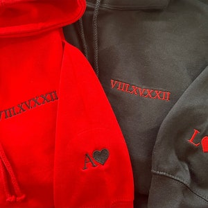 Roman Numeral Embroidered Matching Hoodie, Custom Anniversary Date Couple Hoodies, Custom Initials With Heart Sleeve Jumper, Boyfriend Gift image 2