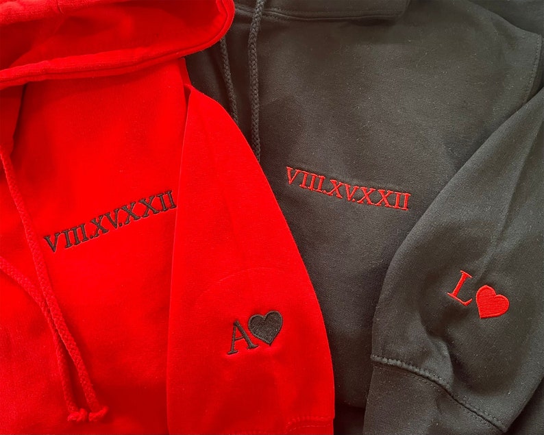 Roman Numeral Embroidered Matching Hoodie, Custom Anniversary Date Couple Hoodies, Custom Initials With Heart Sleeve Jumper, Boyfriend Gift image 2