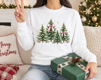 Festive Christmas Tree Sweatshirt, Rustic Farmhouse Holiday Sweater, Festive Tree Coquette Bow Jumper, North Pole Farm Tree Tee, Xmas Gifts