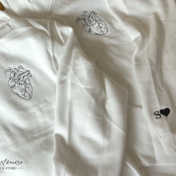 Couple Matching Heart Sweatshirts, Embroidered Custom Initial Anniversary Hoodies, Personalised Name Sleeve Anatomical Heart Top, GF BF Gift