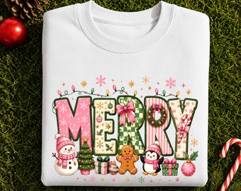 Merry Christmas Sweatshirt, Snowman Coquette Christmas Crewneck, Gingerbread Xmas Tree Jumper, Festive Holiday Sweater, Christmas Eve Gifts
