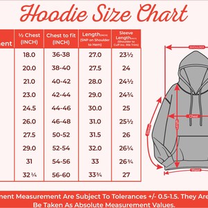 Pode incluir: Uma tabela de tamanhos para hoodies com medidas em polegadas para diferentes tamanhos, de XS a 6XL. A tabela inclui medidas para o corpo, meio do peito, peito para ajustar, comprimento e comprimento da manga. Um diagrama de um hoodie mostra onde cada medida &eacute; tomada.