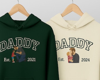 Moletom com Capuz Bordado com Foto do Papai, Desenho Personalizado a partir de Retrato, Moletom Personalizado para o Dia dos Pais, Presente para o Dia dos Pais, Moletom com Capuz com Retrato de Família para o Papai