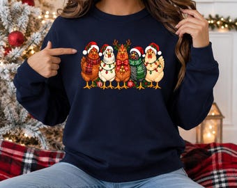 Chickens Christmas Sweatshirt, Cute Santa Hat Chicken Sweater, Reindeer Chicken Christmas Crewneck, Farm Animal Holiday Jumper, Xmas Gift