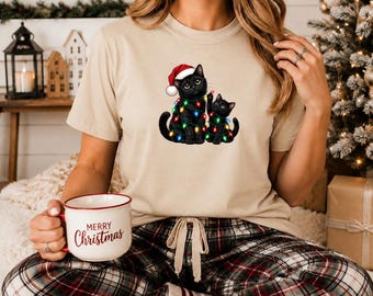 Black Cat Christmas T-Shirt, Festive Christmas Lights Printed Shirt, Cute Cat With Santa Hat Tee Tops, Cat Lover Aesthetic Tops, Xmas Gifts