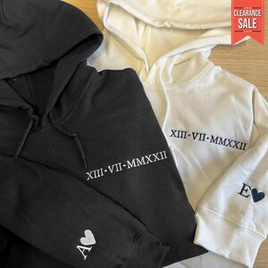 Embroidered Roman Numerals Hoodie, Anniversary Date Couple Hoodie, Initials on Sleeve Personalized Valentines Day Jumpers, Gift for Him