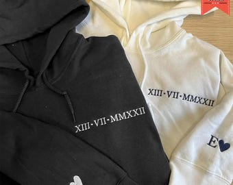 Embroidered Roman Numerals Hoodie, Anniversary Date Couple Hoodie, Initials on Sleeve Personalized Valentines Day Jumpers, Gift for Him