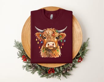 Highland Cow Christmas Sweatshirt, Cow Christmas Lights Sweater, Womans Holiday Sweatshirt, Highland Cow Crewneck, Cow Lover Christmas Gifts
