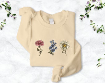 Flower Printed Floral Shirts, Custom Birth Month Personalised Botanical Flower Nature Sweatshirt, Plant Lover Cottagecore Tops Gift for Her