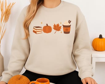 Przytulna bluza z kapturem, damski sweter z okrągłym dekoltem w dynię, jesienny sweter, prezent dla miłośnika książek, swetry z kawą latte, urocze prezenty z jesiennymi liśćmi
