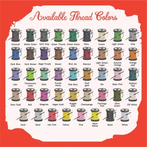 May include: A color chart displaying a variety of thread colors for embroidery or sewing projects. The chart includes a range of shades, from Charcoal to White, with each color represented by a spool of thread and a needle.