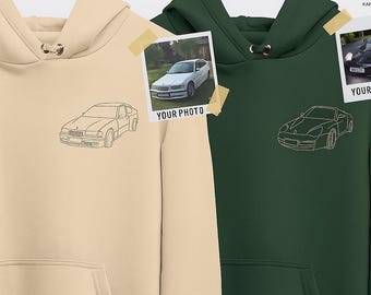 Sudadera con capucha con retrato de coche bordado, boceto personalizado de Picture Jumpers, regalo para amantes de los coches, regalo para él, regalo de cumpleaños para el marido