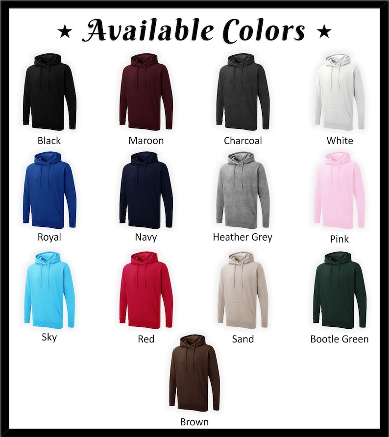 Pode incluir: Um gr&aacute;fico que mostra 12 cores diferentes de sweatshirts com capuz. As cores s&atilde;o: preto, castanho, carv&atilde;o, branco, azul real, azul marinho, cinza mesclado, rosa, azul c&eacute;u, vermelho, areia, verde-garrafa e castanho.