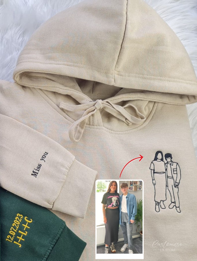 Custom Family Photo Hoodie, Outline Embroidered Sketch From Photo Jumper, Personalised Faceless Family Portrait Hoody, BirthdayMatchingTop image 4