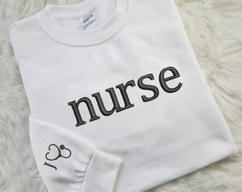 Embroidered Nurse Sweatshirt, Custom Name Initial With Stethoscope On Sleeve Jumper, Medical Student Colleague Matching Outfit, Gift For Her