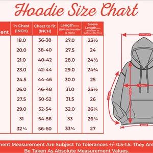 May include: A hoodie size chart with measurements in inches. The chart includes body measurements, chest sizes, lengths, and sleeve lengths for sizes XS to 6XL. The text "Hoodie Size Chart" is at the top.