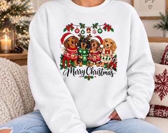 Merry Christmas Dachshunds Sweatshirts, Reindeer Antlers Christmas Sweater, Cute Santa Hat Jumper, Festive Holiday Crewneck, Dog Lover Gift