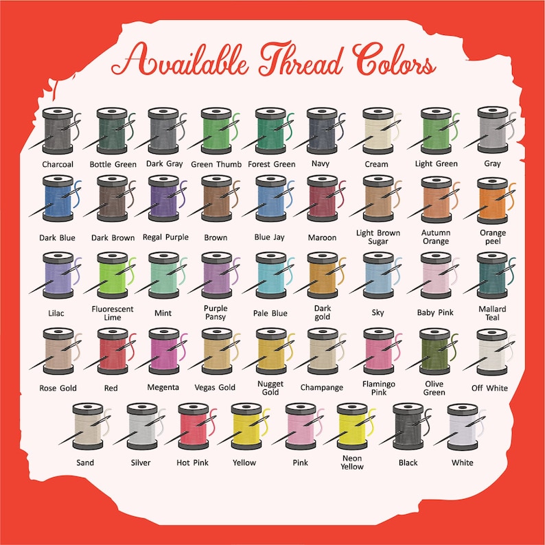 May include: A colour chart showing a range of thread colours, such as Charcoal, Bottle Green, and Navy. The chart features spools of thread with needles, and the text "Available Thread Colors" is at the top.
