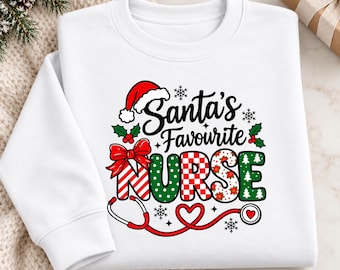 Santa's Favorite Nurse Christmas Sweatshirt, Coquette Nurse Polkadot Sweater, RN Nurse Medical Xmas Jumper, Stethoscope Christmas Gifts