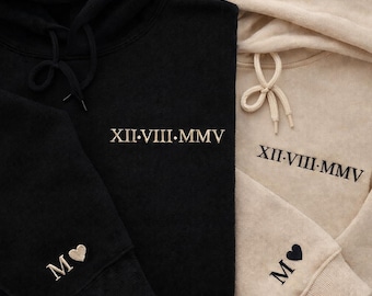 Roman Numeral Embroidered Matching Hoodie, Custom Initials With Heart Sleeve Jumper, Boyfriend Gift, Custom Anniversary Date Couple Hoodies