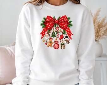 Christmas Charms Bow Sweatshirt, Christmas Doodles Sweater, Trendy Polka Dots Sweater, Festive Xmas Holiday Tee Tops, Christmas Presents