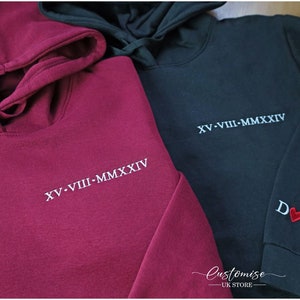 Roman Numeral Hoodie, Embroidered Anniversary Hoody, Custom GF BF Matching Couple Sweatshirt, Personalised Initial Memorial Date Wife Jumper