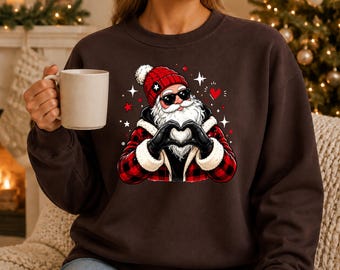 Santa Hat Christmas Sweatshirt, Funny Santa With Heart Hands Sweater, Retro Merry Christmas Printed Jumper, Festive Holiday Eve Party Gifts