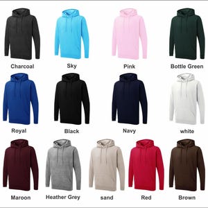 May include: A collection of hooded sweatshirts in various colors, including charcoal, sky blue, pink, bottle green, royal blue, black, navy, white, maroon, heather grey, sand, red, and brown. Each sweatshirt has a front pocket and a drawstring hood.