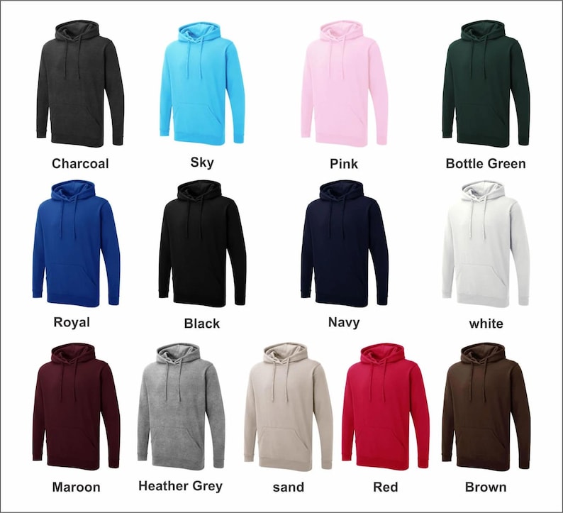 May include: A collection of hooded sweatshirts in various colors, including charcoal, sky blue, pink, bottle green, royal blue, black, navy, white, maroon, heather grey, sand, red, and brown. Each sweatshirt has a front pocket and a drawstring hood.