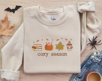 Cozy Season Fall Leaves Embroidered Sweatshirt, Autumn Coffee Pumpkin Crewneck, Cute Fall Outfit, Thanksgiving Gift for Her, Halloween Gifts