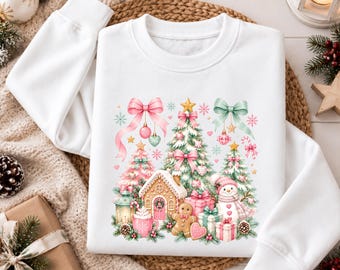 Coquette Christmas Sweatshirt, Merry Christmas Tree Crewneck Sweater, Cute Gingerbread Snowman Sweater, Christmas Holiday Jumper, Women Gift