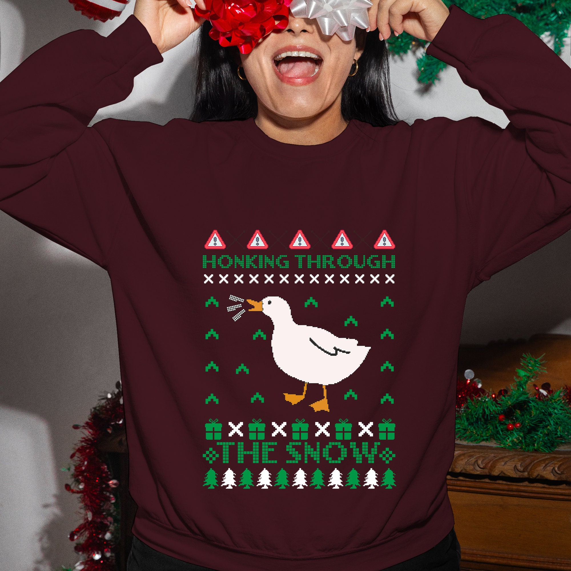 Festive Goose On The Loose Goose Smoking Funny Meme Ugly Christmas Sweater,  Silly Duck Christmas Sweater