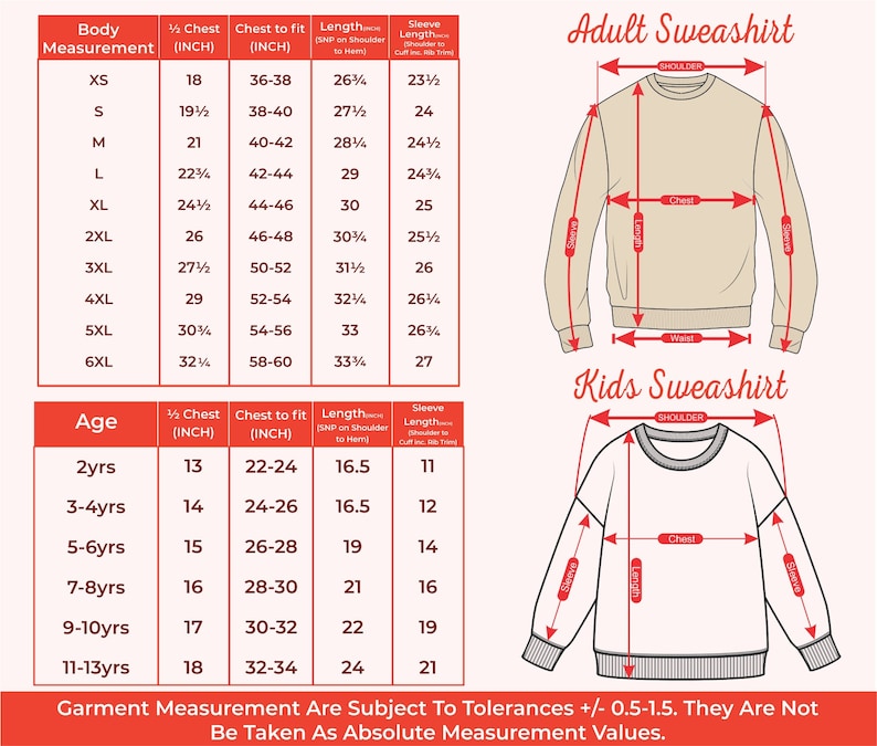 May include: Size chart for adult and kids sweatshirts. The chart shows measurements in inches for chest, length, and sleeve length. The chart also includes a diagram of a sweatshirt with labels for shoulder, chest, waist, and sleeve.