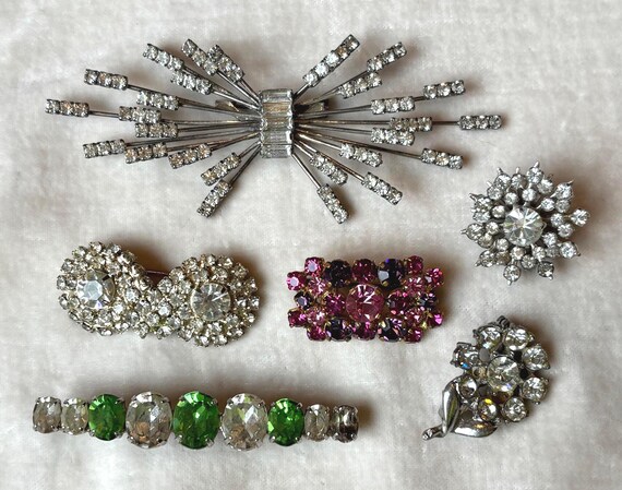 Vintage Rhinestone Brooches - Mid Century Atomic, Floral, Bar Pins