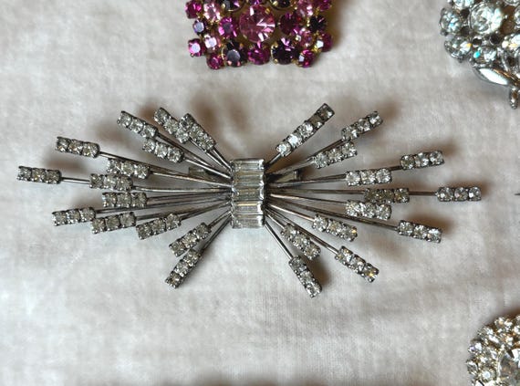 Vintage Rhinestone Brooches - Mid Century Atomic, Floral, Bar Pins View 2