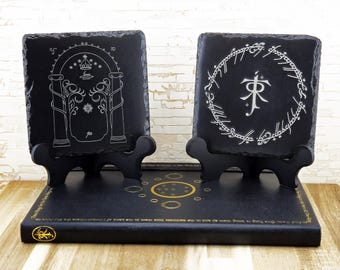 Tolkien-Inspired Slate Coasters – Engraved Stone Drinkware Gift Set, Middle Earth Style Fantasy Home Decor